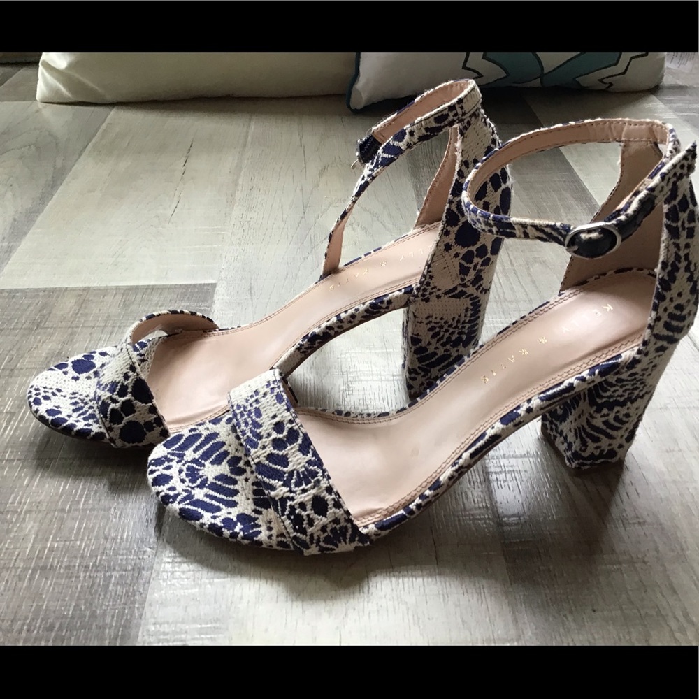Navy Blue & White ankle wrap chunk heel shoes